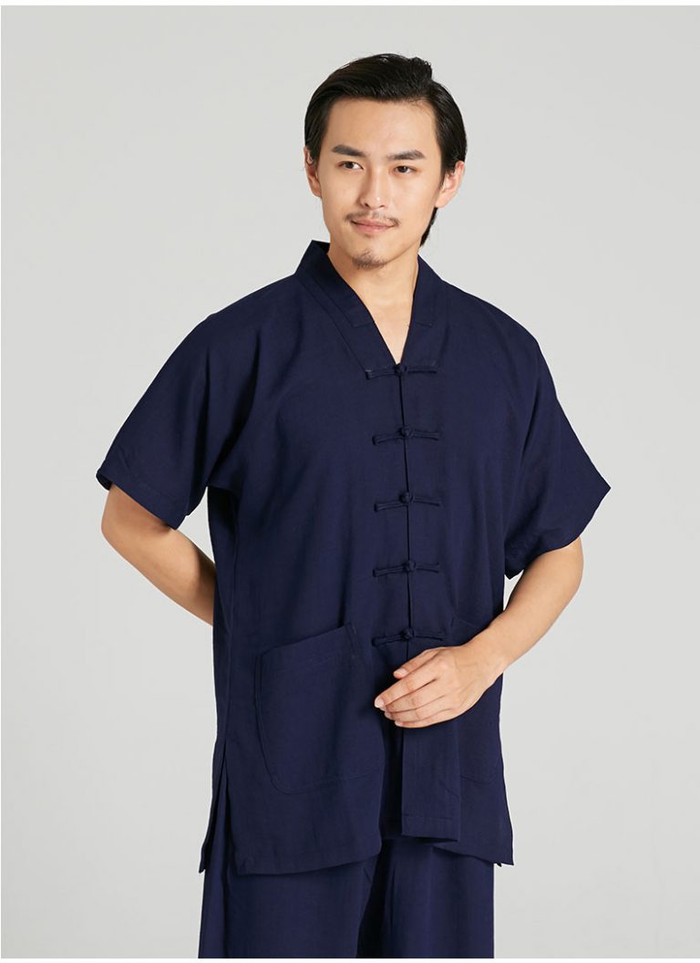 V-Neck Short Sleeved Summer Wudang Tai Chi Uniform Dark Blue - Internal ...