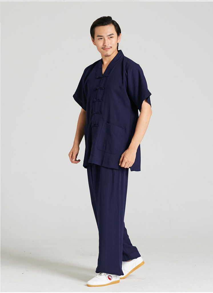 V-Neck Short Sleeved Summer Wudang Tai Chi Uniform Dark Blue - Internal ...