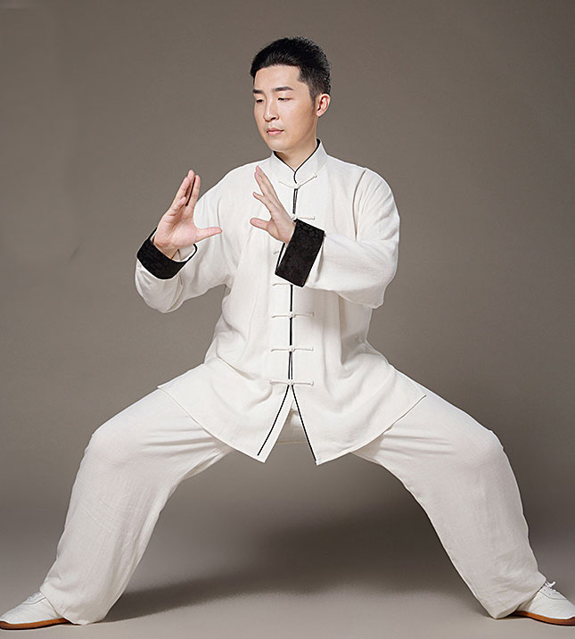 White Wudang Tai Chi Uniform with Wide Black Pattern Satin Cuffs and ...