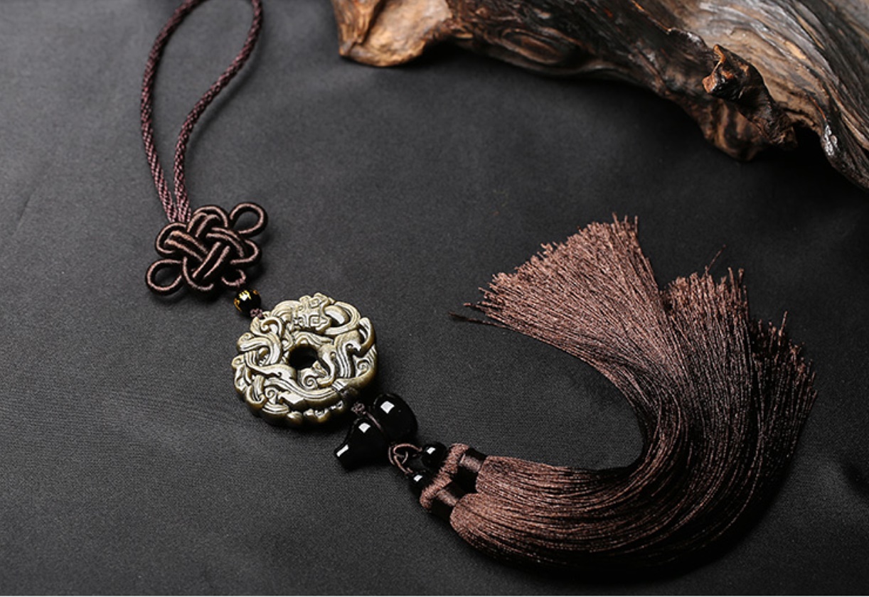 Vintage 19" Chinese Export Serpentine Stone Tassel Pendant Necklace – Brown New Jade Estate Jewelry